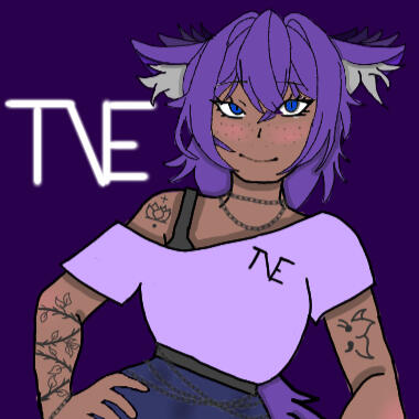 Illustration of digital creator VioletEclipse with purple hair and ears. She is wearing a lavender top and smiling against a deep purple background.